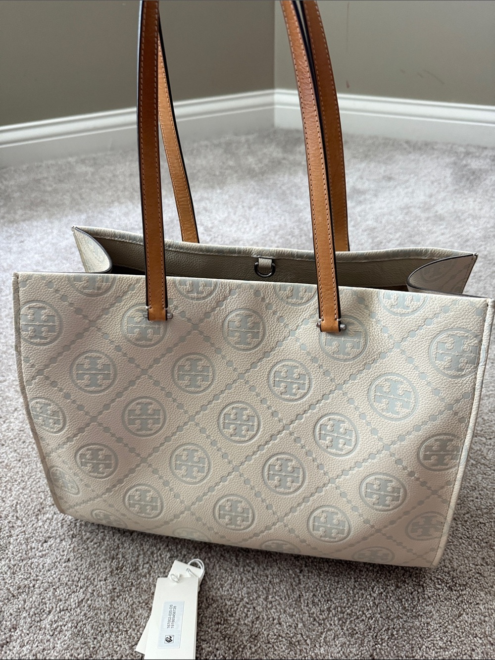 Tory Burch Light cream Logo-Print Tote with Tan Handles - Picture 3 of 14
